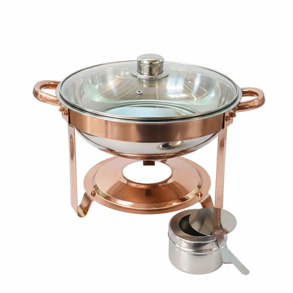 Chafing Dish Round 3.5L with Gel Based Heating + Transparent Lid (1 GN Pan of 65mm) — Rose Gold