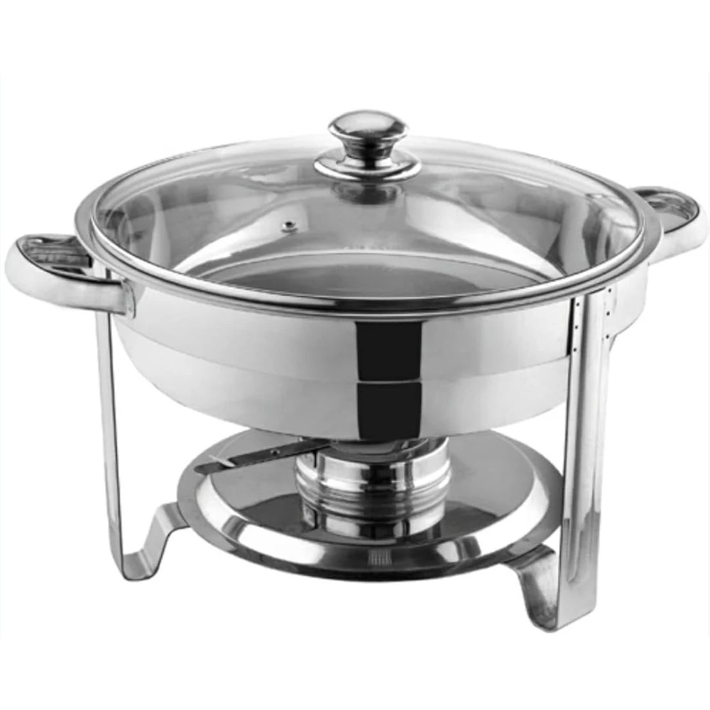 Chafing Dish Round 3.5L with Gel Based Heating + Transparent Lid (1 GN Pan of 65mm) — Silver