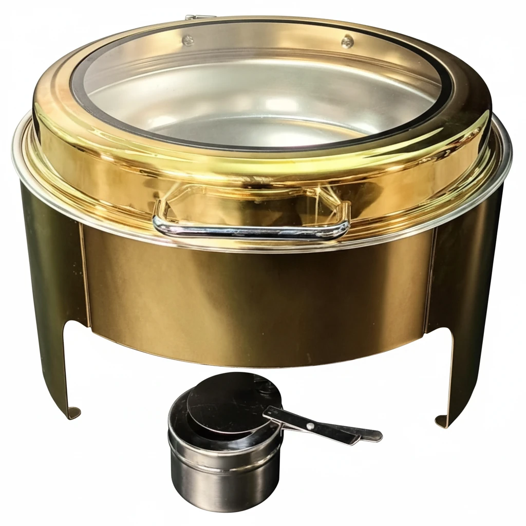 Chafing Dish Round 6L with Gel Based Heating + Transparent Lid + Hydraulic Soft Close (1 GN Pan of 65mm) — Gold