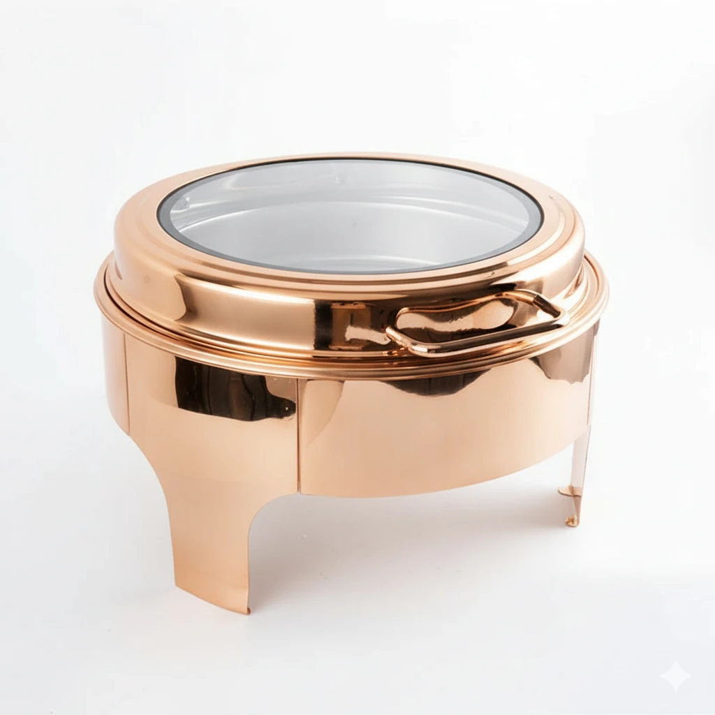 Chafing Dish Round 6L with Gel Based Heating + Transparent Lid + Hydraulic Soft Close (1 GN Pan of 65mm) — Rose Gold