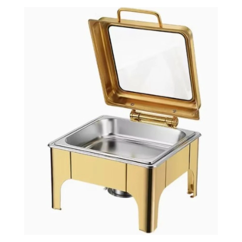 Chafing Dish Square 6L with Gel Based Heating + Transparent Lid + Hydraulic Soft Close (1 GN Pan of 2/3 65mm) — Gold