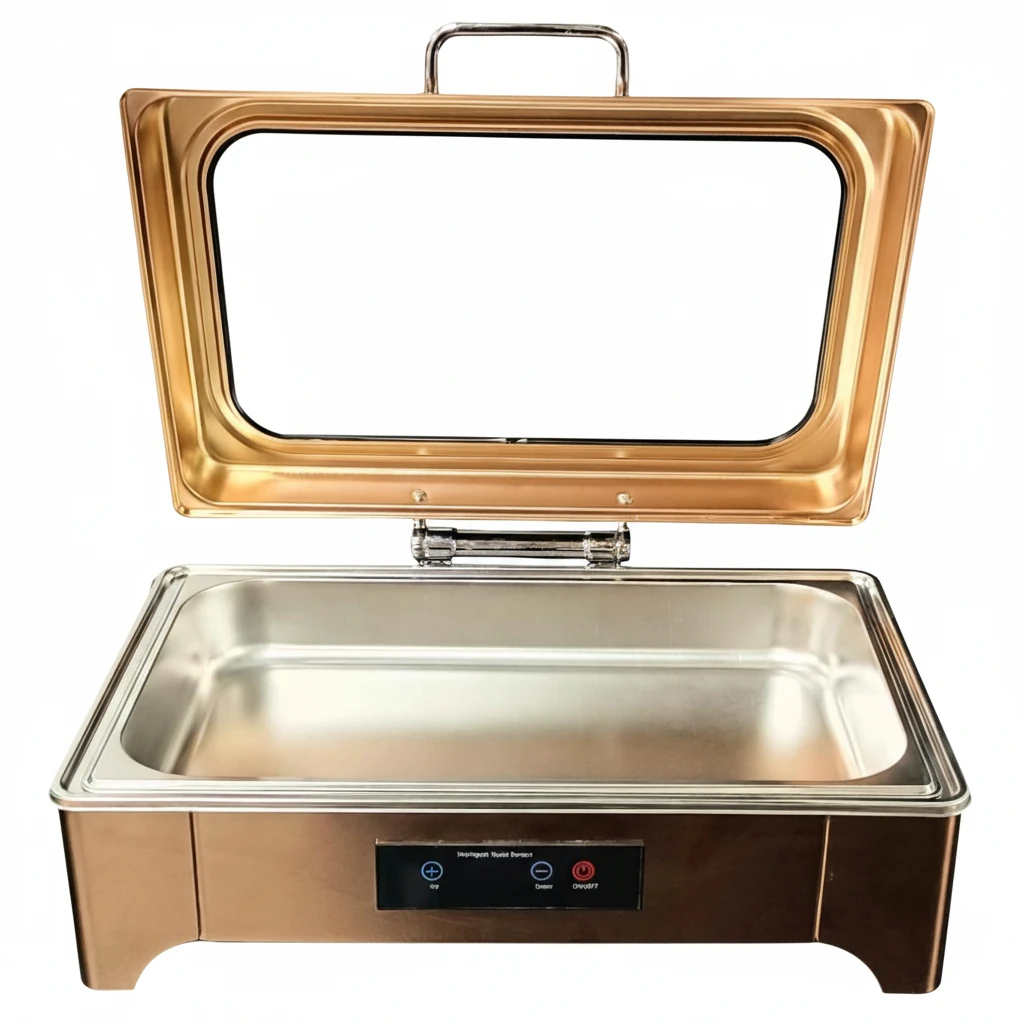 Digital Chafing Dish Rectangle 9L with Inbuilt Heater + Transparent Lid + Hydraulic Soft Close (1 GN Pans of 1/1 65mm) — Rose Gold