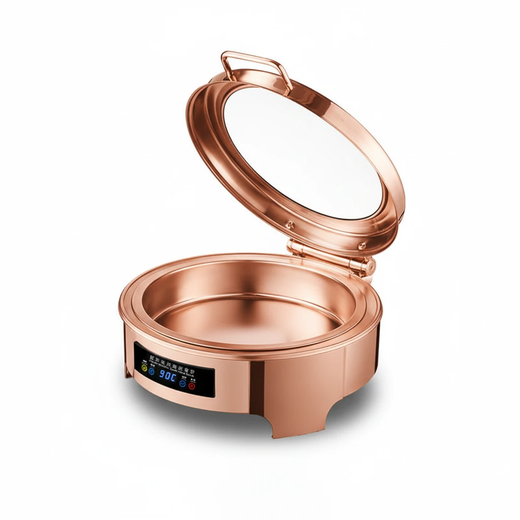 Digital Chafing Dish Round 6L with Inbuilt Heater + Transparent Lid + Hydraulic Soft Close (1 GN Pan of 65mm) — Rose Gold