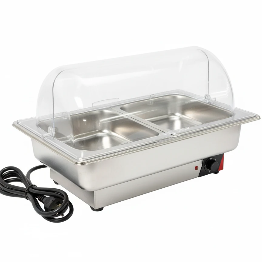 Electric Chafing Dish - Rectangle with PC Roll Top Lid — {"Size":"2 Compartment","Capacity":"3.5L/Pan"}