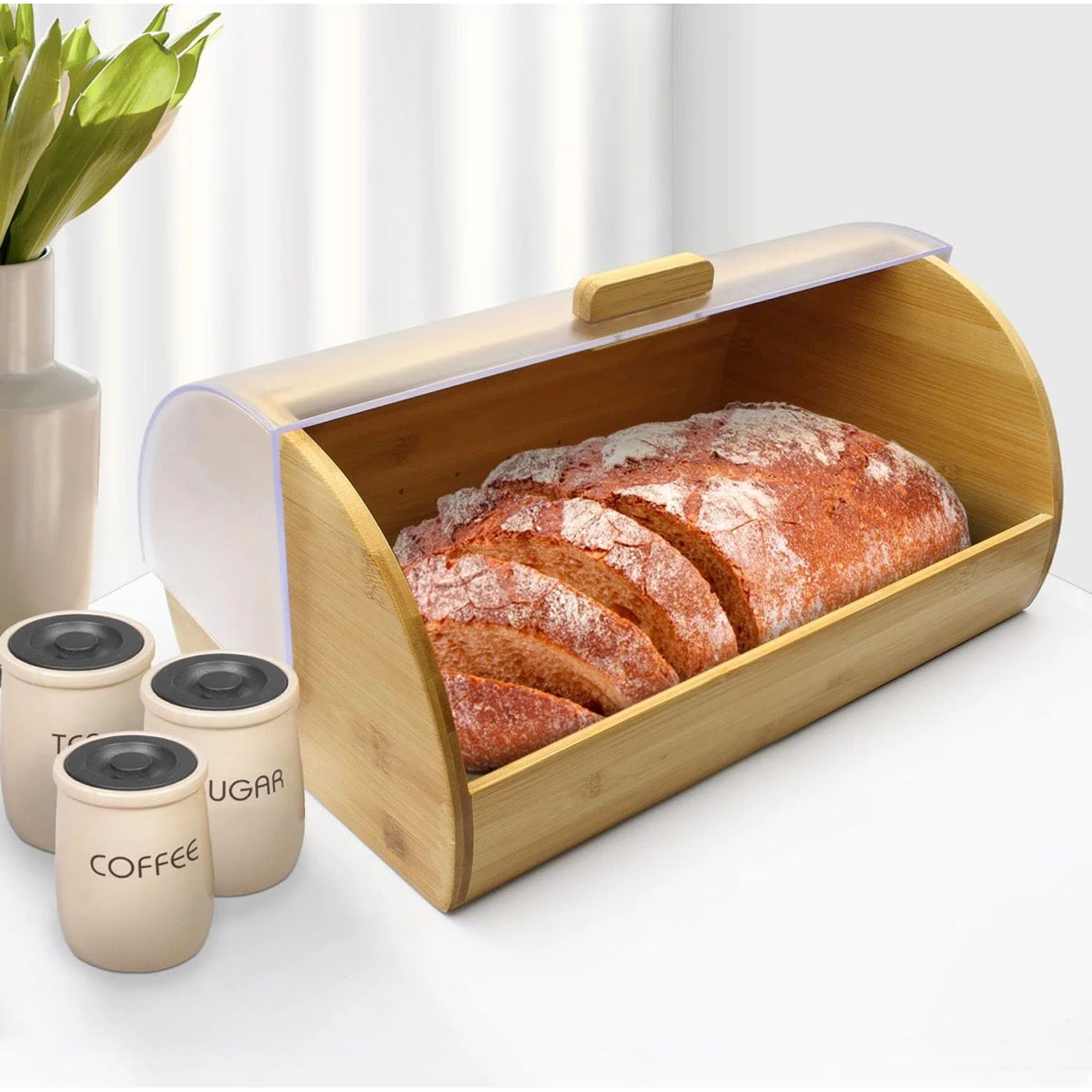 VAMA Wooden Rectangle Bread Box with Transparent Front Cover - New Model — view 3