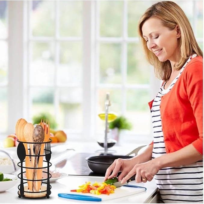 Thick Metal Wire Spoon / Fork Holder with Wooden Base - Black — view 3
