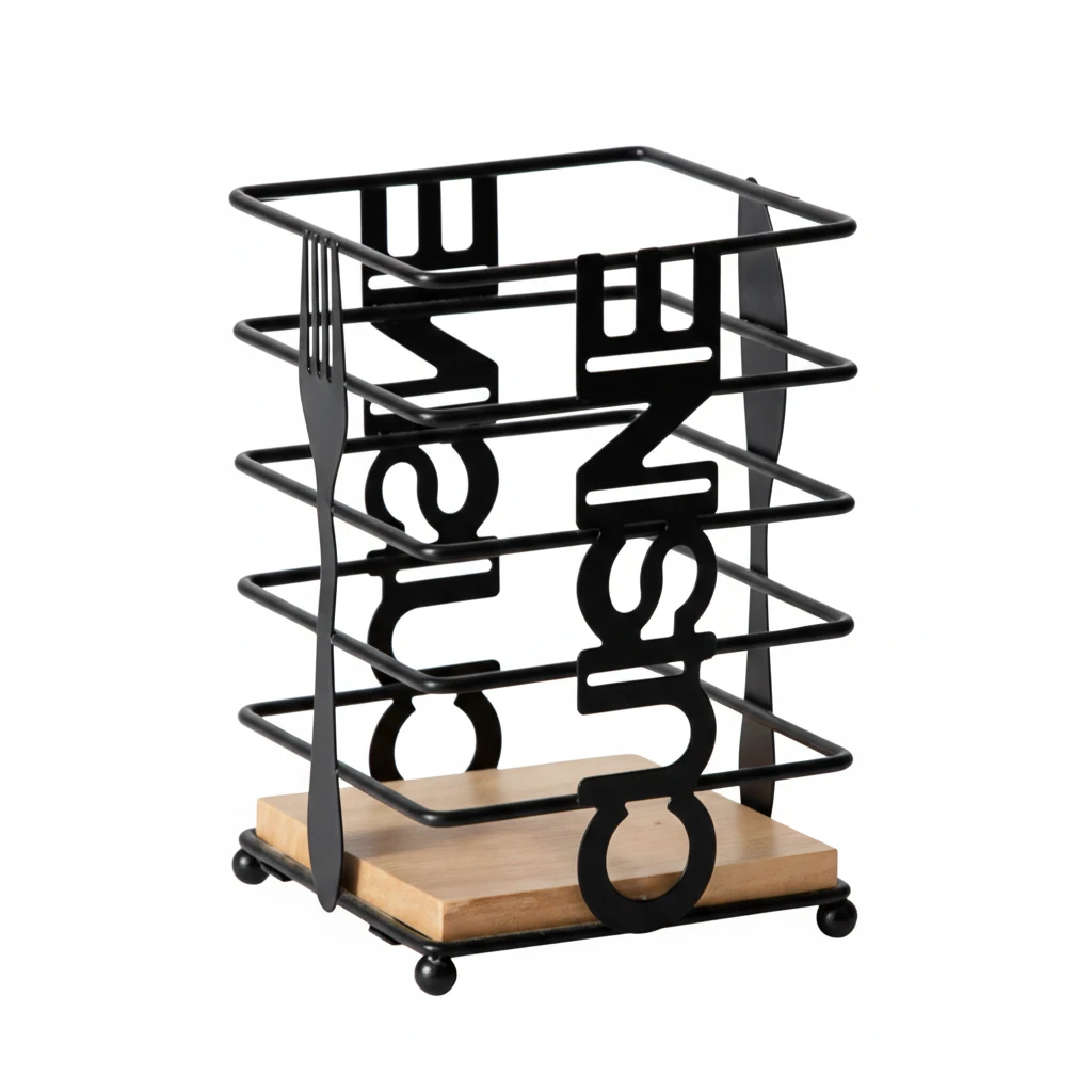 Thick Metal Wire Spoon / Fork Holder with Wooden Base - Black — Square