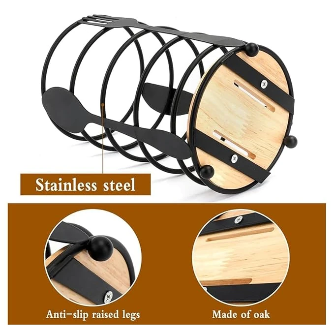 Thick Metal Wire Spoon / Fork Holder with Wooden Base - Black — view 7