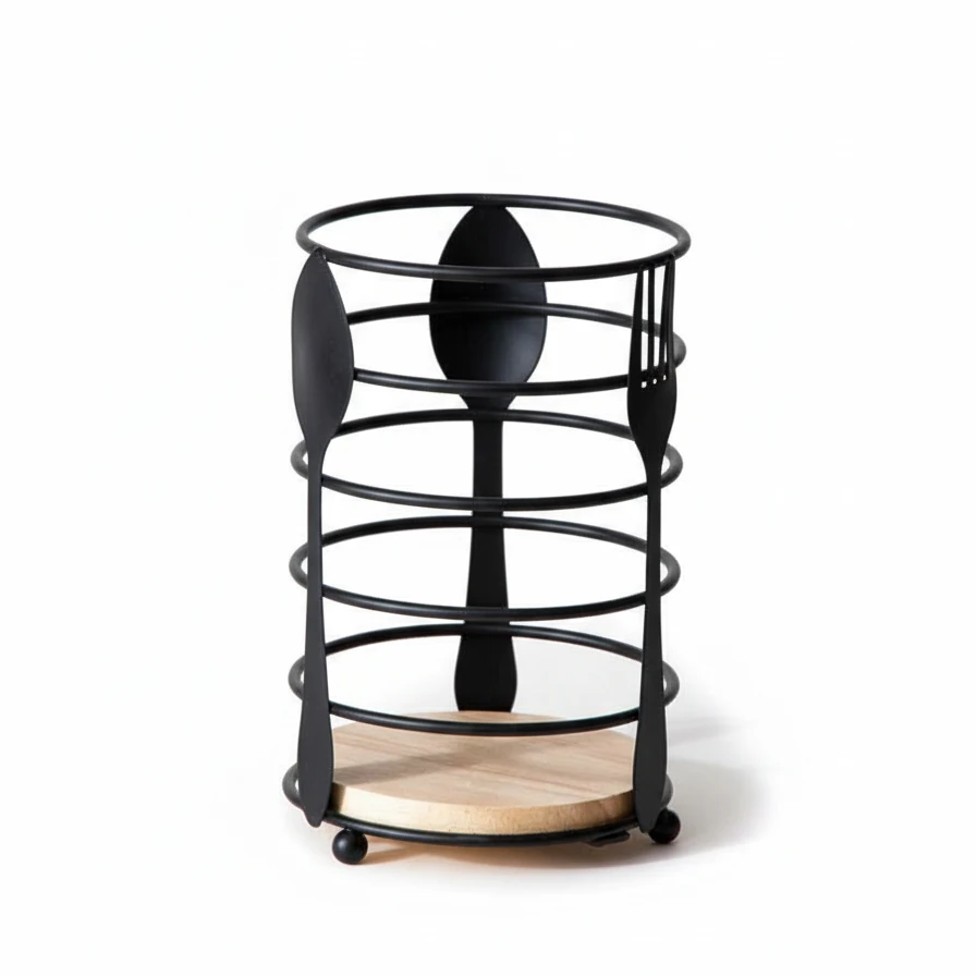 Thick Metal Wire Spoon / Fork Holder with Wooden Base - Black — view 9