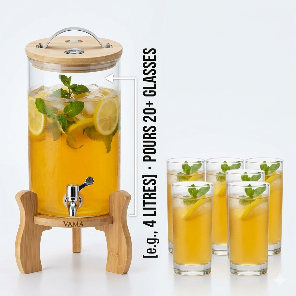 Vama Glass Juice Dispenser with Wooden Bamboo Lid & Stand - 4L | Bult-In Thermometer | SS Handle | Valve for Air Release — view 4