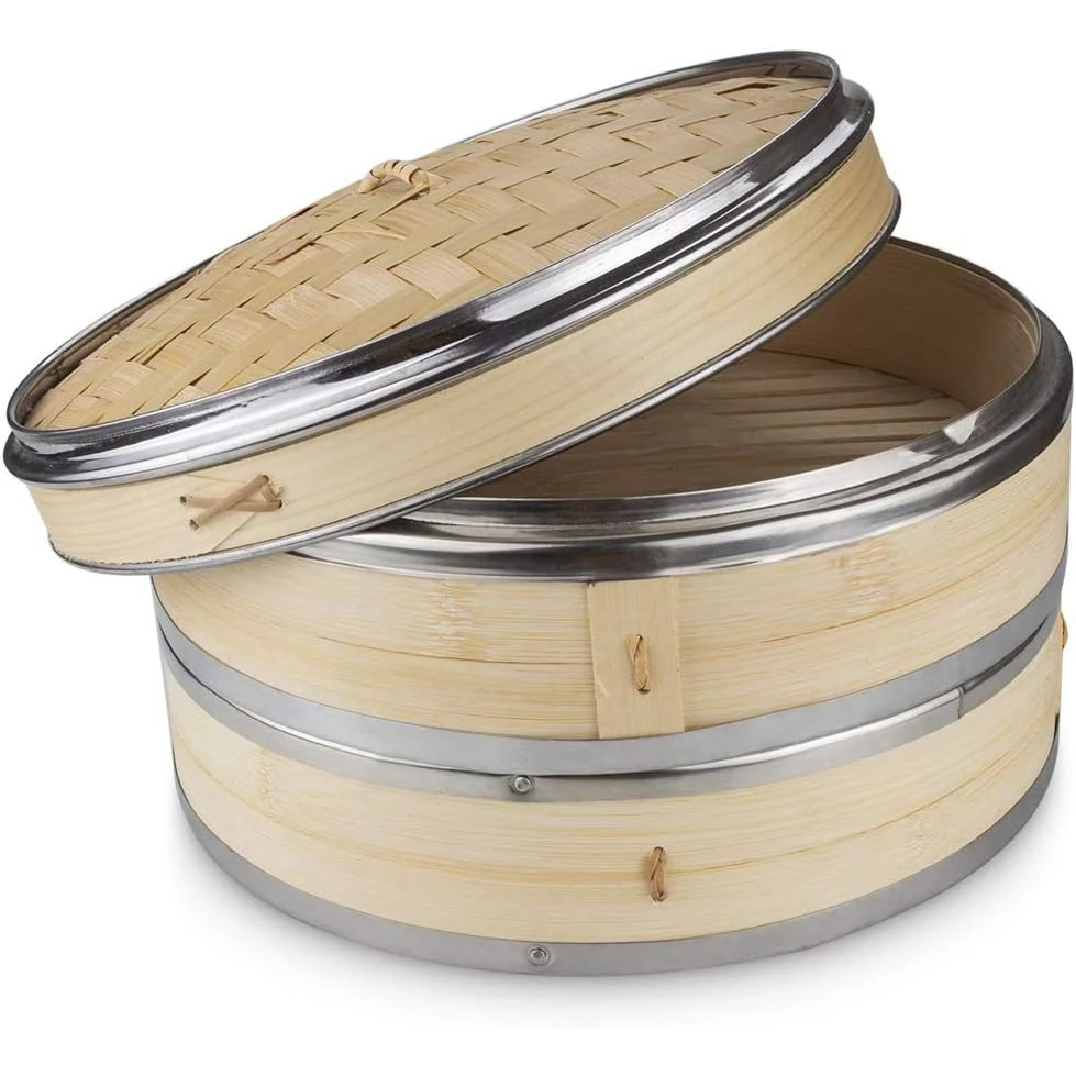 Wooden Dimsum Basket - 2 Layers with SS Border — 18cm