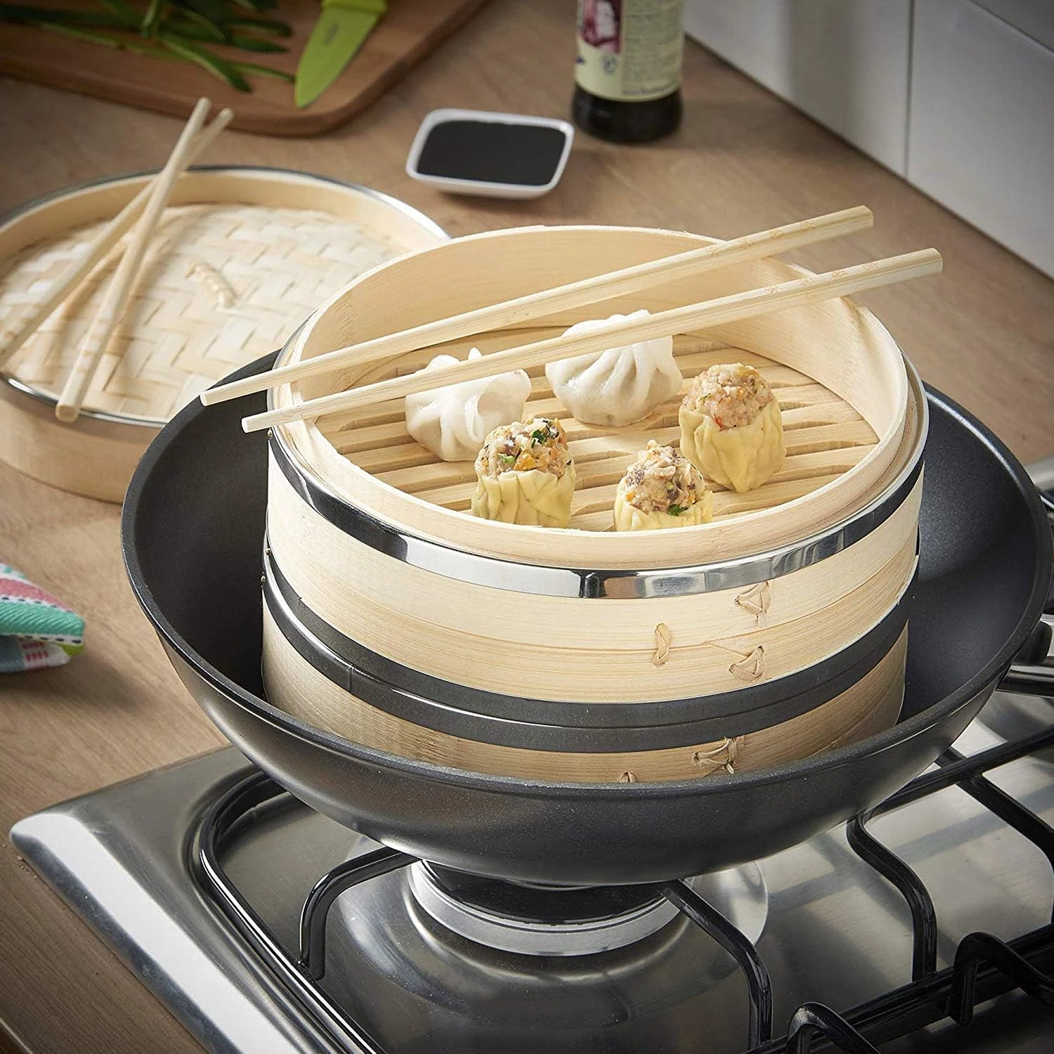 Wooden Dimsum Basket - 2 Layers with SS Border — view 4