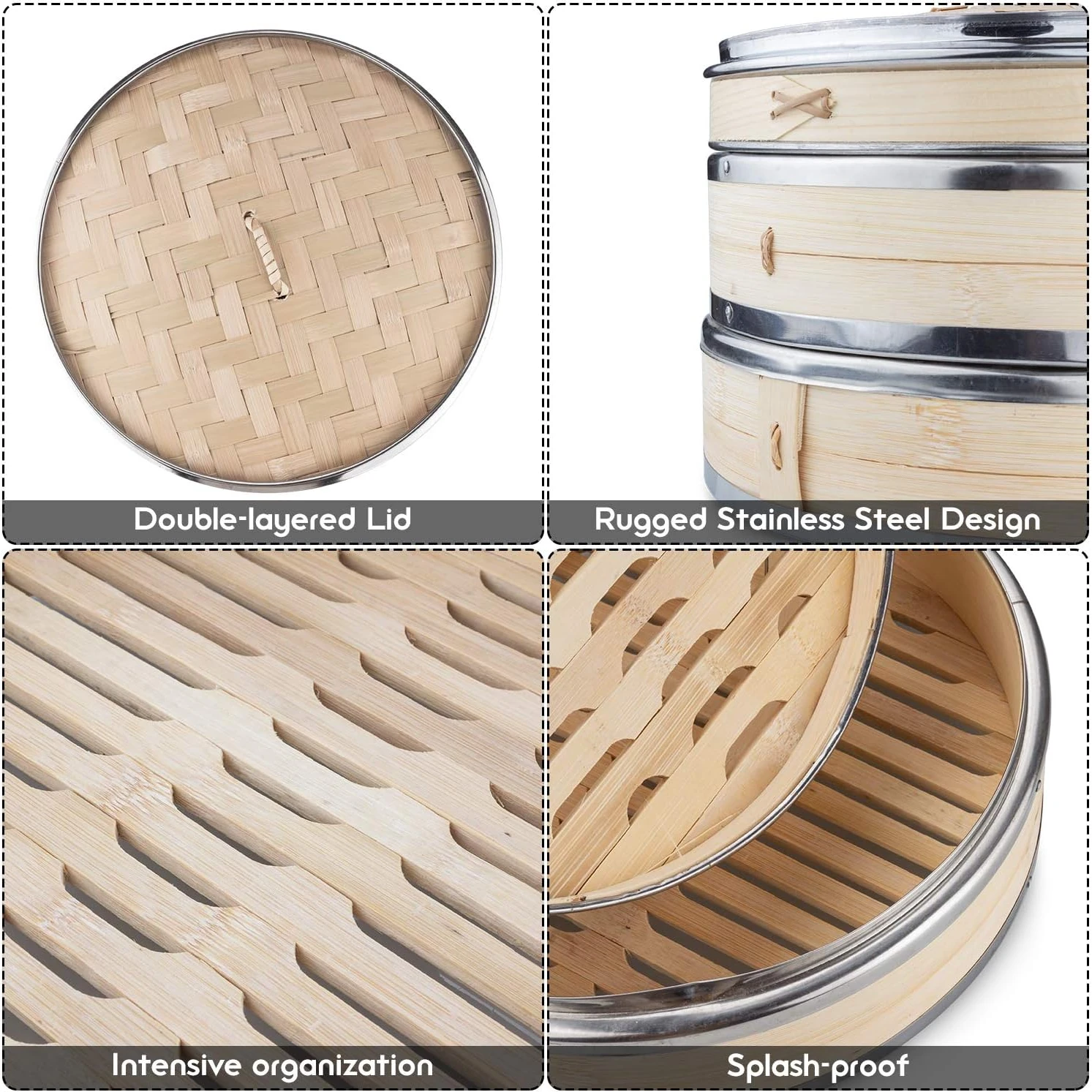 Wooden Dimsum Basket - 2 Layers with SS Border — view 7