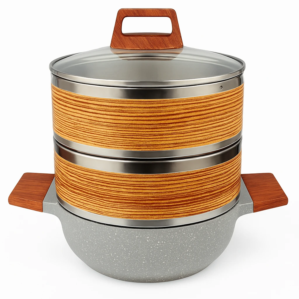 Wooden Dimsum Basket 3 Layers with SS Rings & Ceramic Kadai
