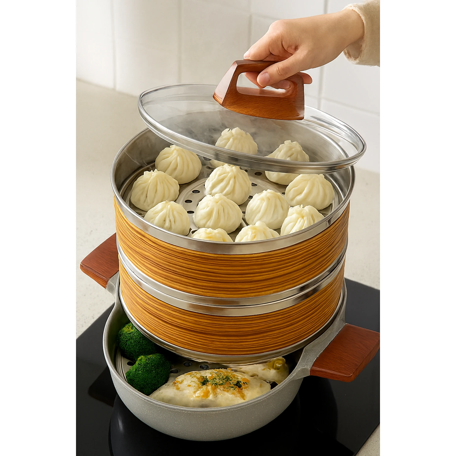 Wooden Dimsum Basket 3 Layers with SS Rings & Ceramic Kadai — view 3