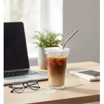 VAMA Glass Tumbler Bottle with SS Straw + Cleaning Brush - 370ml — view 3