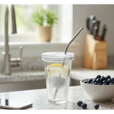 VAMA Glass Tumbler Bottle with SS Straw + Cleaning Brush - 370ml — view 5