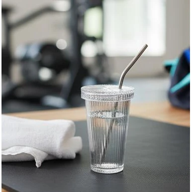VAMA Glass Tumbler Bottle with SS Straw + Cleaning Brush - 370ml — view 6