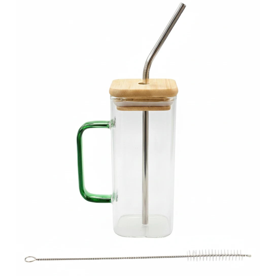 VAMA Glass Tumbler Cup with SS Straw + Cleaning Brush + Wooden Bamboo Lid - 340ml