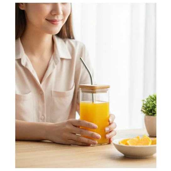VAMA Glass Tumbler Cup with SS Straw + Cleaning Brush + Wooden Bamboo Lid - 340ml — view 6