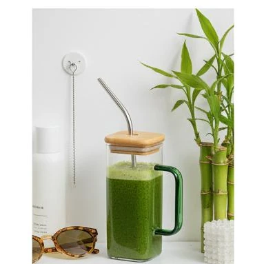 VAMA Glass Tumbler Cup with SS Straw + Cleaning Brush + Wooden Bamboo Lid - 340ml — view 7