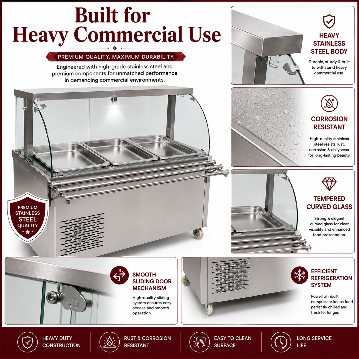Premium Electric COLD Bain Marie Ready Counters with LED Light - Acrylic Sliding Door | Cold Inner Cabinets with Inbuilt Compressor & Exhauster | 4 Wheels (2 With & 2 Without Brakes) | Wooden Packing for Glass | (GN Pans of 1/1 150mm) — view 2