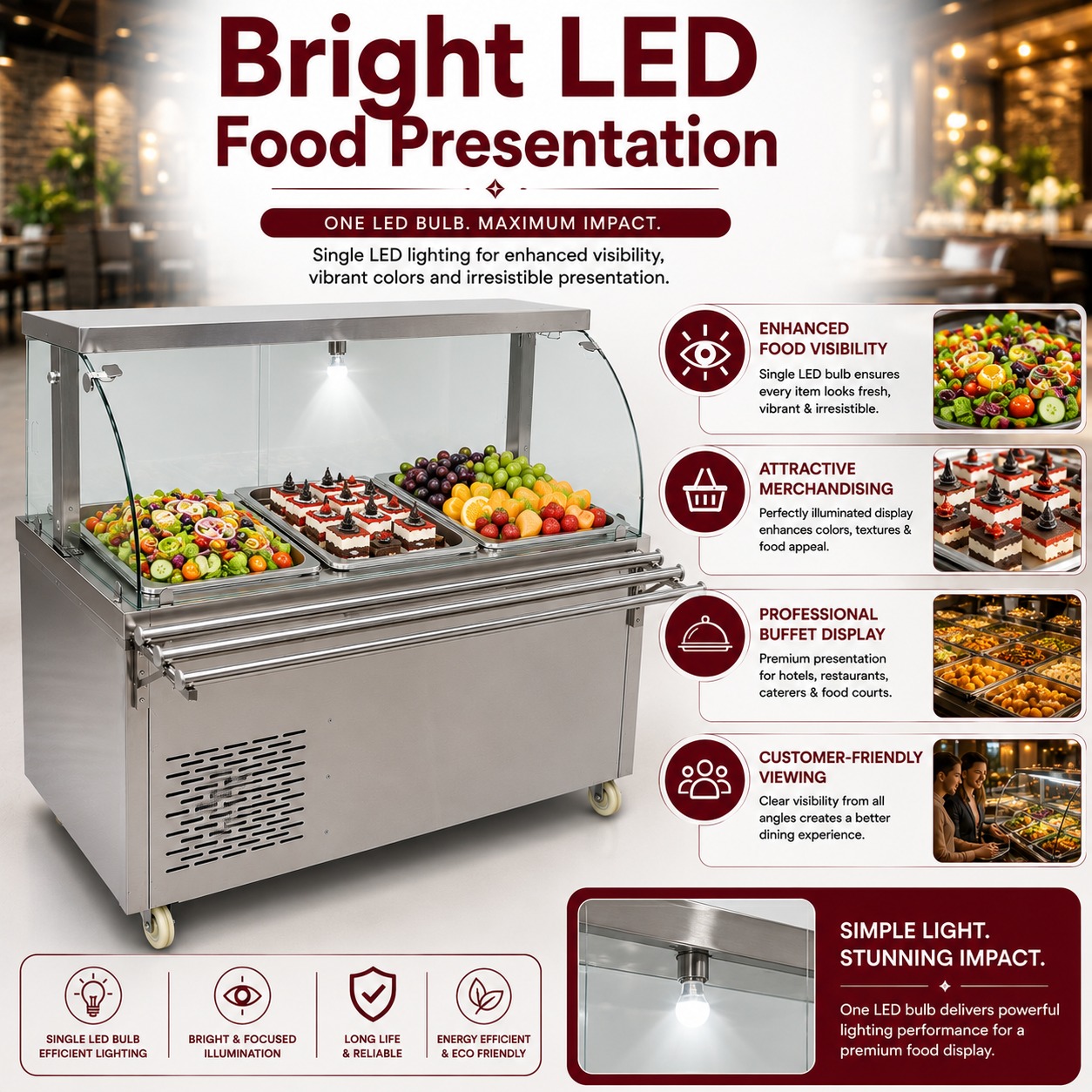 Premium Electric COLD Bain Marie Ready Counters with LED Light - Acrylic Sliding Door | Cold Inner Cabinets with Inbuilt Compressor & Exhauster | 4 Wheels (2 With & 2 Without Brakes) | Wooden Packing for Glass | (GN Pans of 1/1 150mm) — view 4