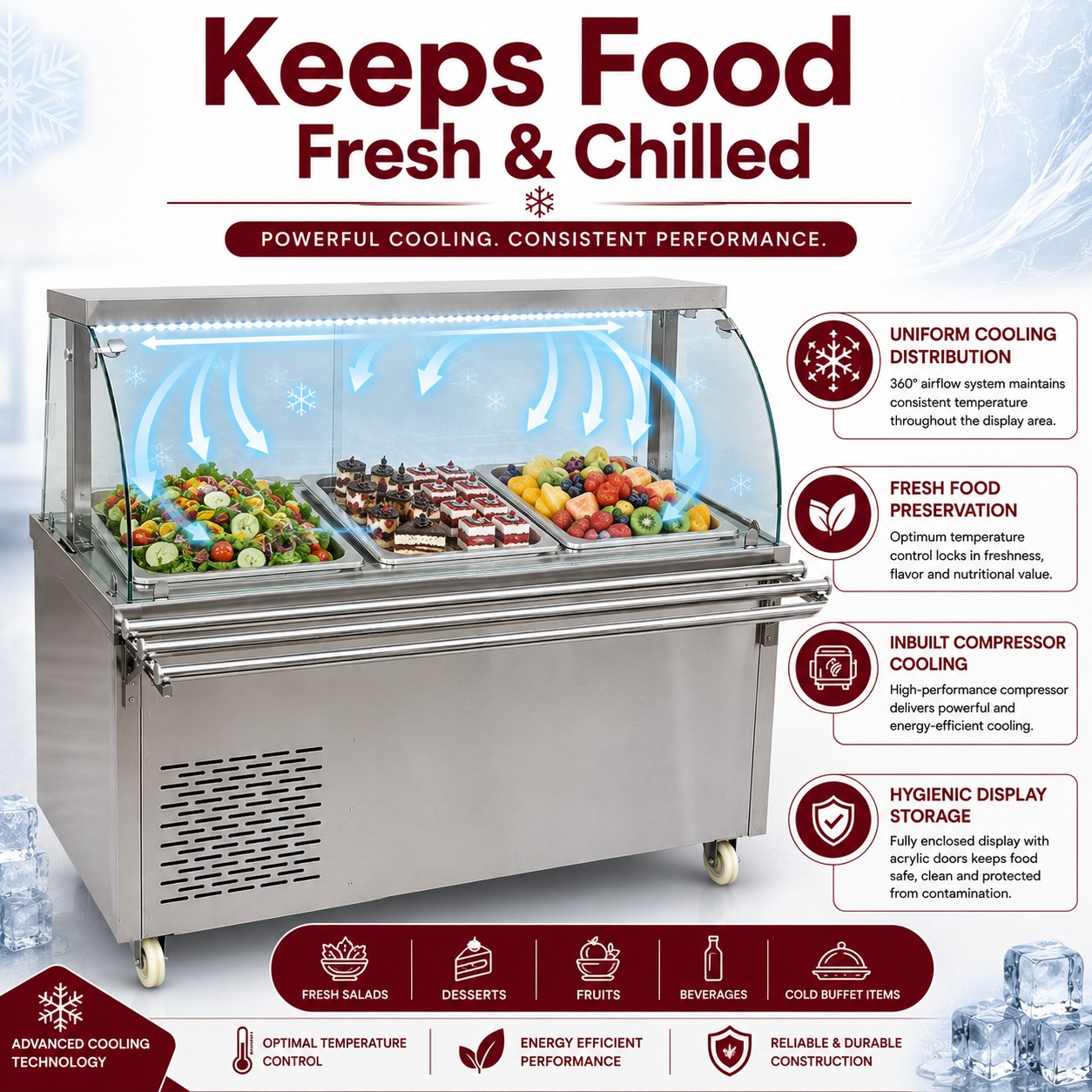 Premium Electric COLD Bain Marie Ready Counters with LED Light - Acrylic Sliding Door | Cold Inner Cabinets with Inbuilt Compressor & Exhauster | 4 Wheels (2 With & 2 Without Brakes) | Wooden Packing for Glass | (GN Pans of 1/1 150mm) — view 5