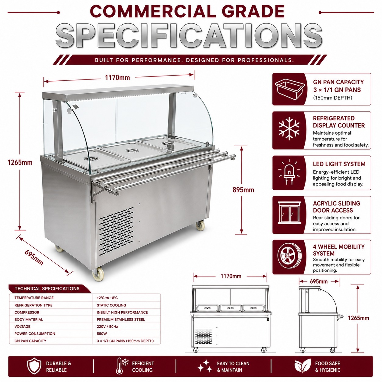 Premium Electric COLD Bain Marie Ready Counters with LED Light - Acrylic Sliding Door | Cold Inner Cabinets with Inbuilt Compressor & Exhauster | 4 Wheels (2 With & 2 Without Brakes) | Wooden Packing for Glass | (GN Pans of 1/1 150mm) — view 6