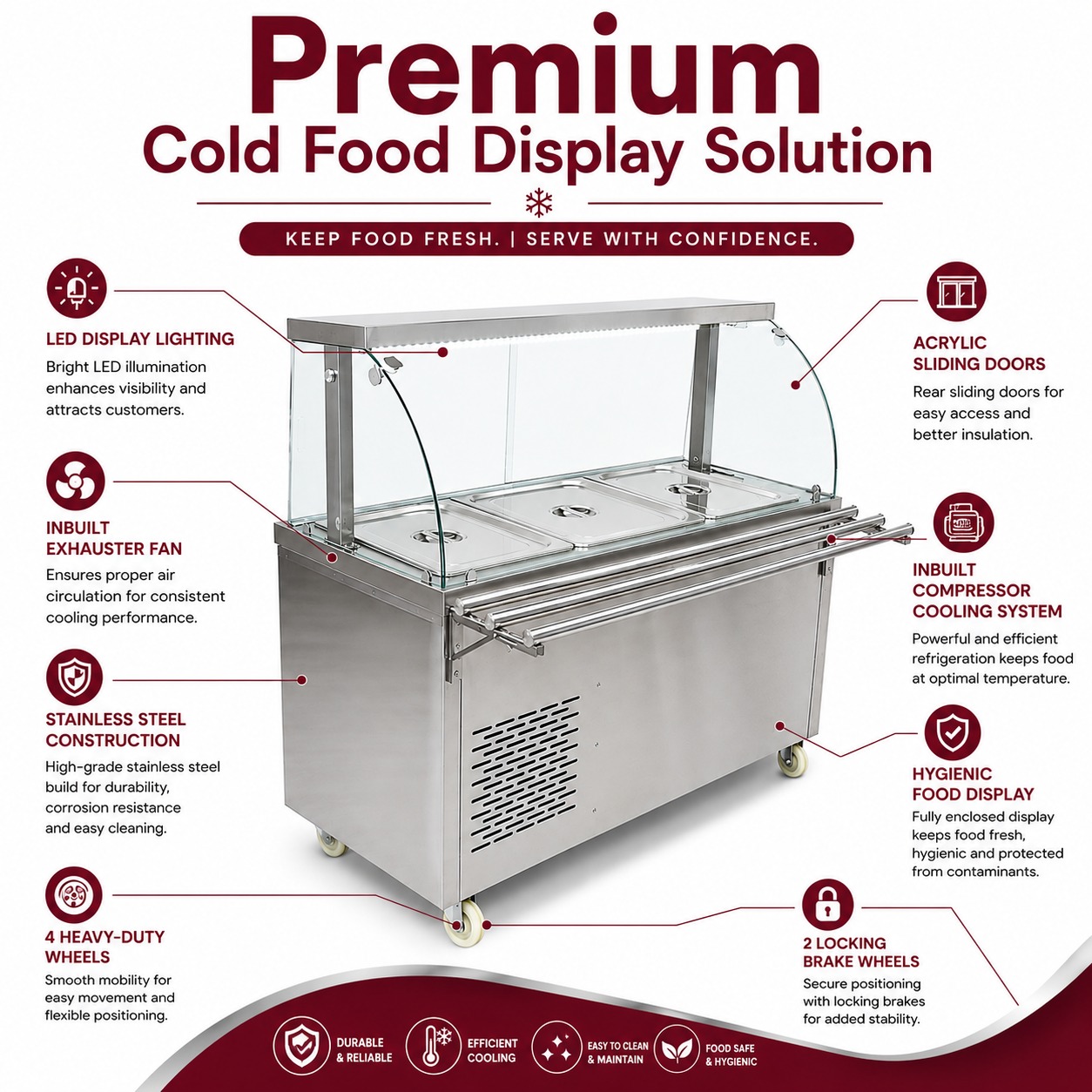 Premium Electric COLD Bain Marie Ready Counters with LED Light - Acrylic Sliding Door | Cold Inner Cabinets with Inbuilt Compressor & Exhauster | 4 Wheels (2 With & 2 Without Brakes) | Wooden Packing for Glass | (GN Pans of 1/1 150mm) — view 7