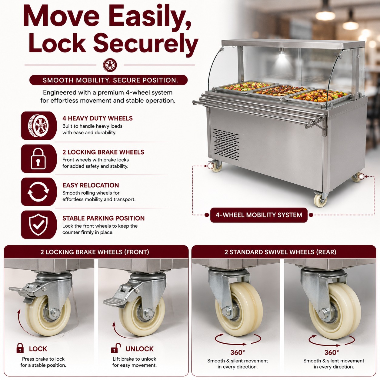 Premium Electric COLD Bain Marie Ready Counters with LED Light - Acrylic Sliding Door | Cold Inner Cabinets with Inbuilt Compressor & Exhauster | 4 Wheels (2 With & 2 Without Brakes) | Wooden Packing for Glass | (GN Pans of 1/1 150mm) — view 9