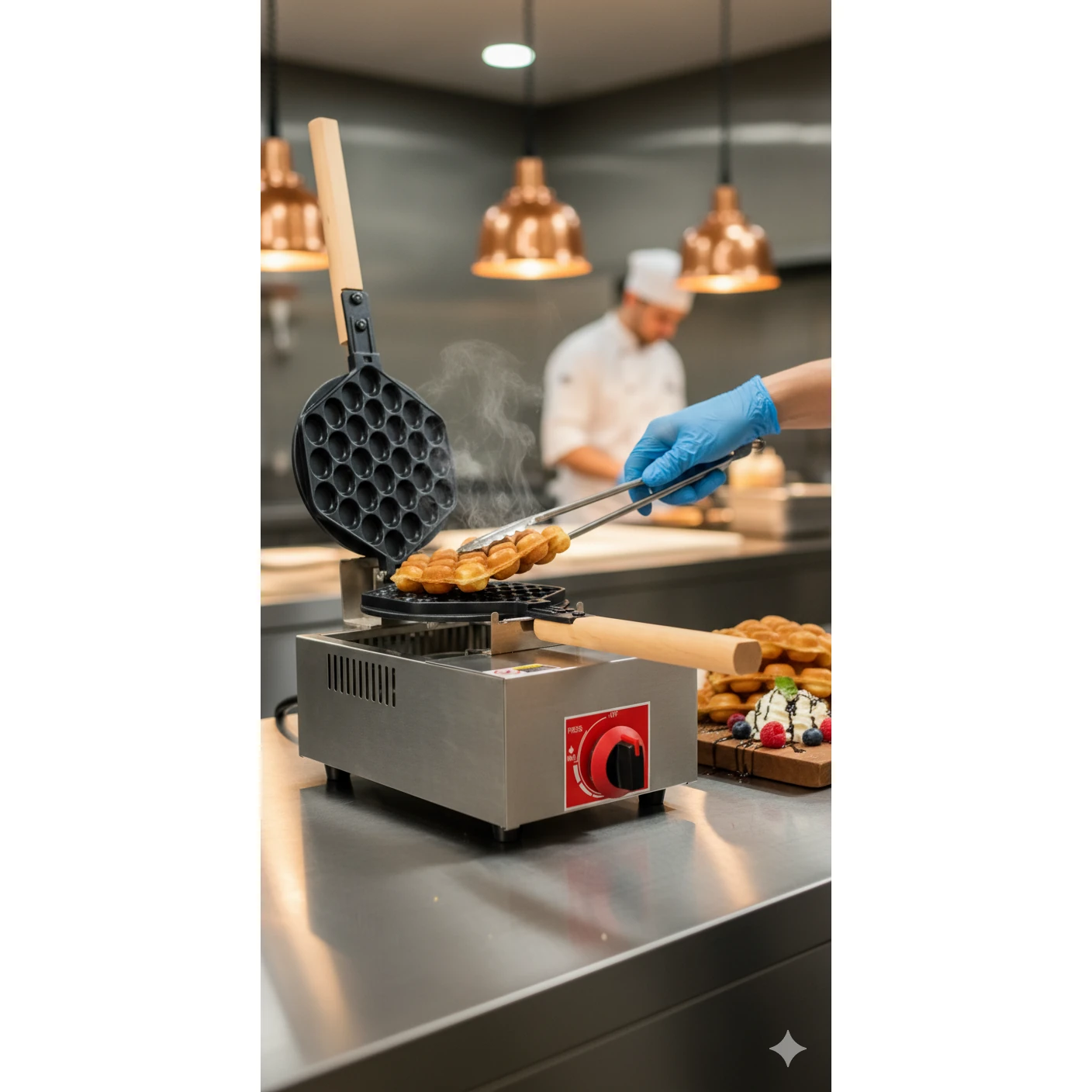 Gas Round Rotating Bubble Waffler Maker with Long Wooden Handle — view 4