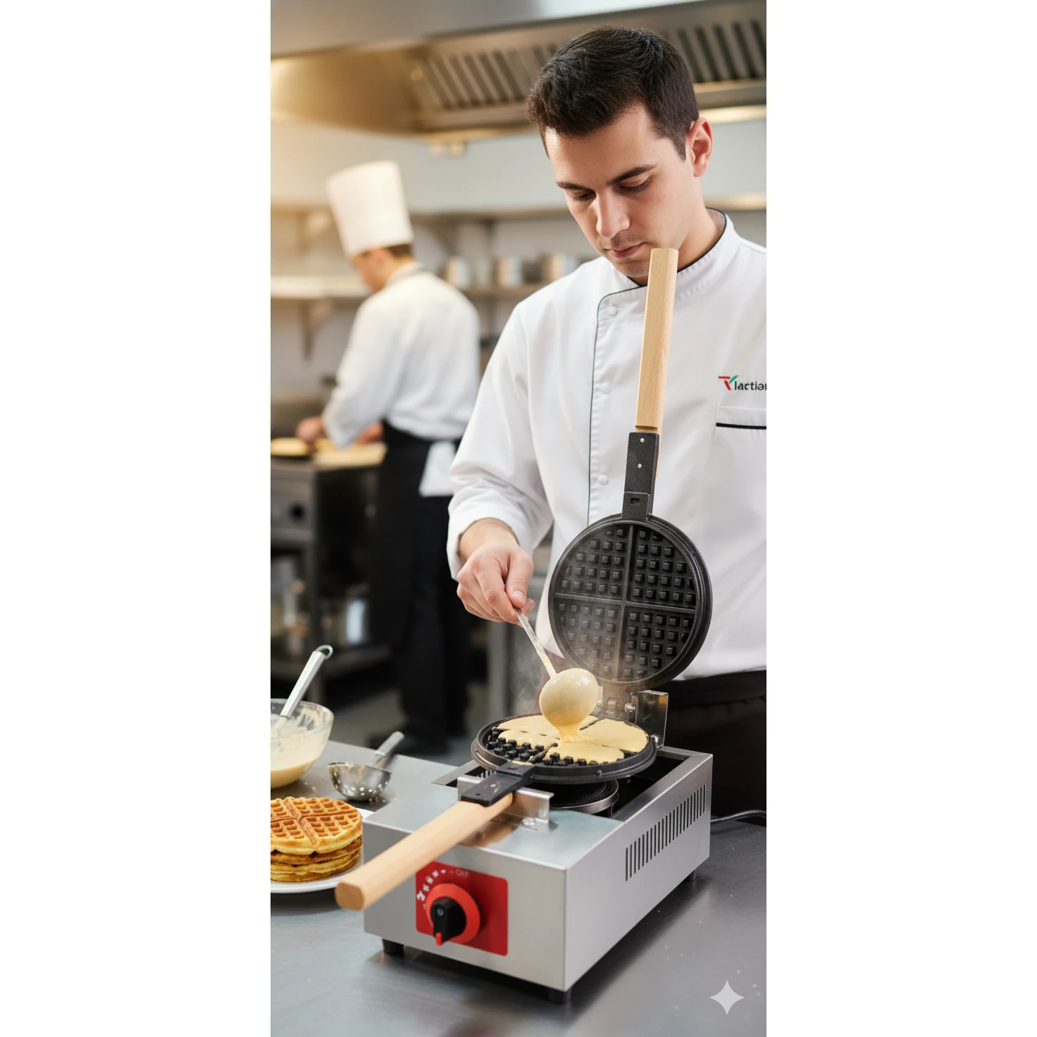 Gas Round Rotating Waffle Maker with Long Wooden Handle — view 3