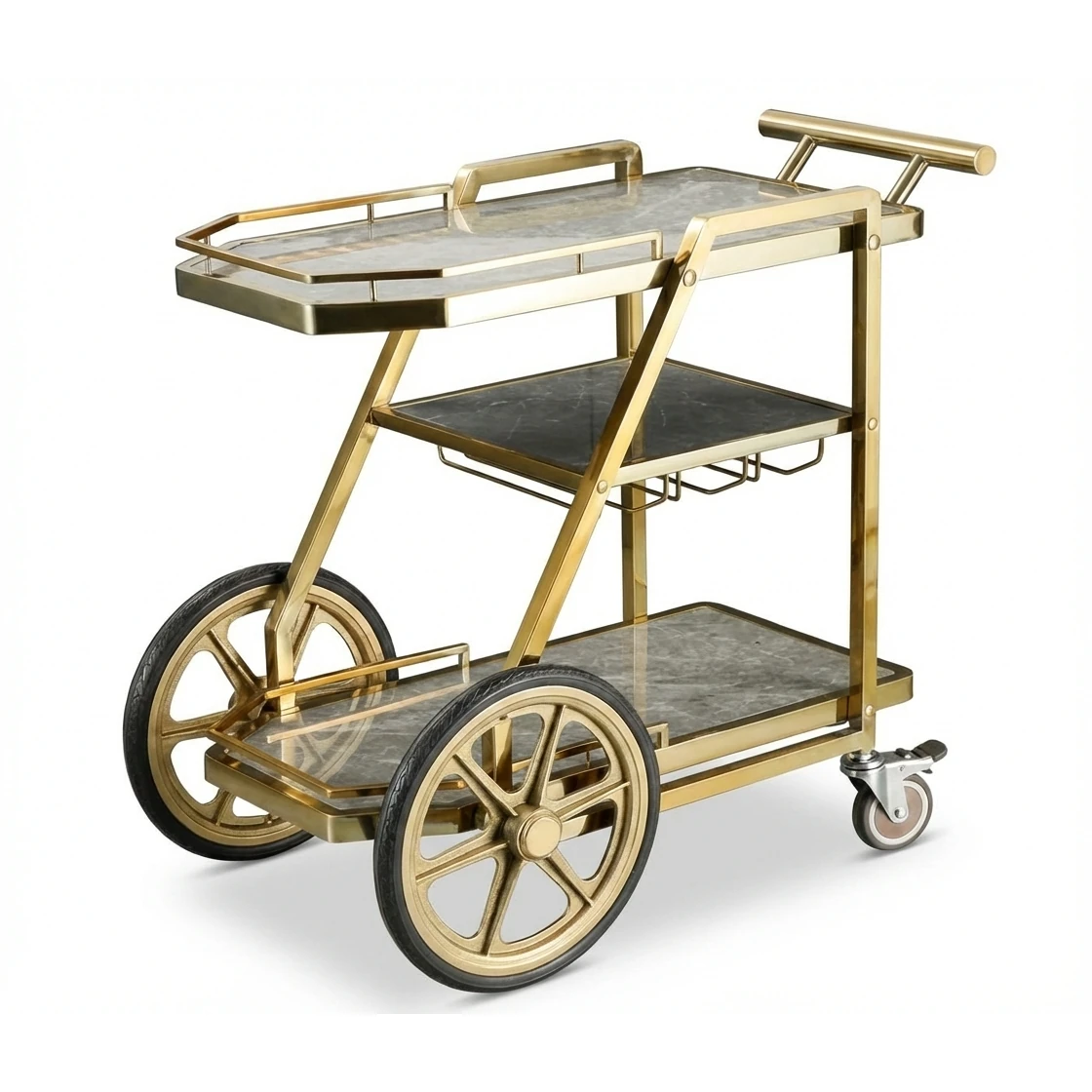 Ultra Premium 3 Layers Golden Service Trolley with Long Wheels - New Model