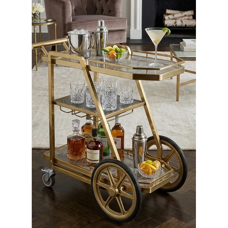 Ultra Premium 3 Layers Golden Service Trolley with Long Wheels - New Model — view 4
