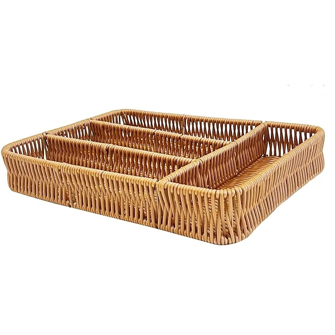 Heavy Rectangle Shaped Polyrattan Basket with 4 Compartments & Metal Wire 32x24x8cm - Walnut Brown