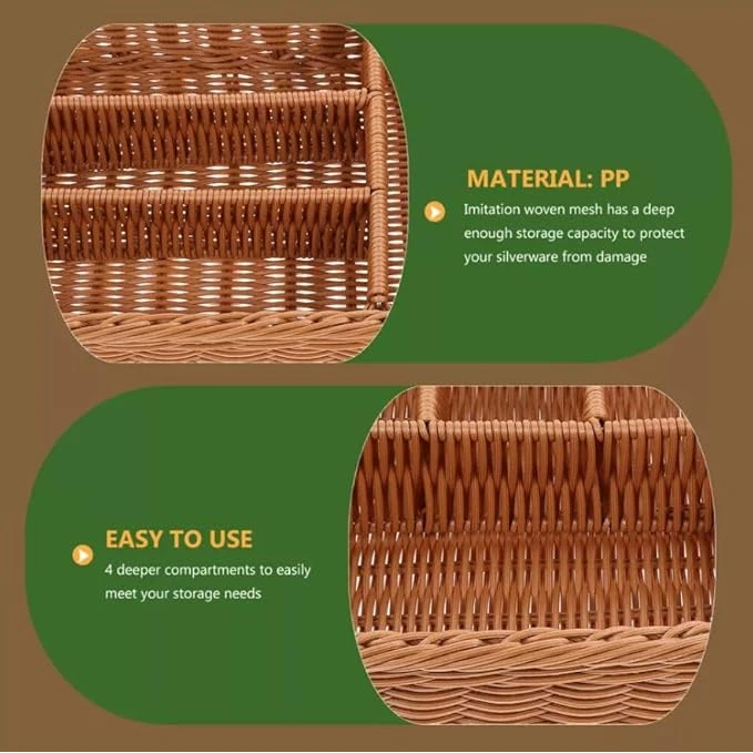 Heavy Rectangle Shaped Polyrattan Basket with 4 Compartments & Metal Wire 32x24x8cm - Walnut Brown — view 6