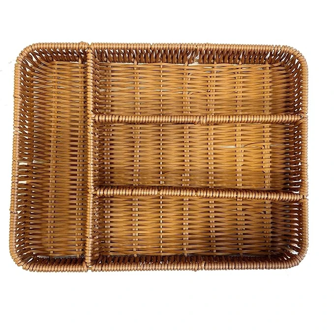 Heavy Rectangle Shaped Polyrattan Basket with 4 Compartments & Metal Wire 32x24x8cm - Walnut Brown — view 7