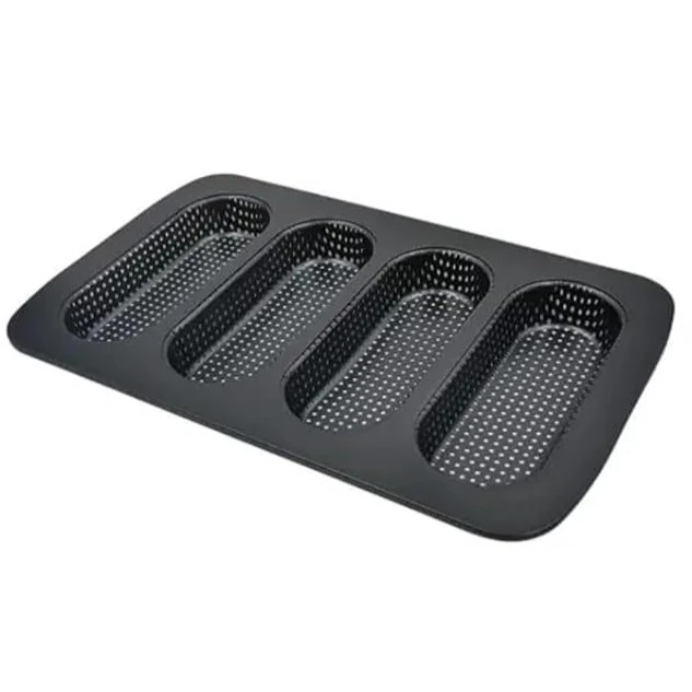 Hot Dog Shaped 4 Slots Teflon Coated Perforated Muffin Mould (Slot Size: 16.5x6x2.5cm)