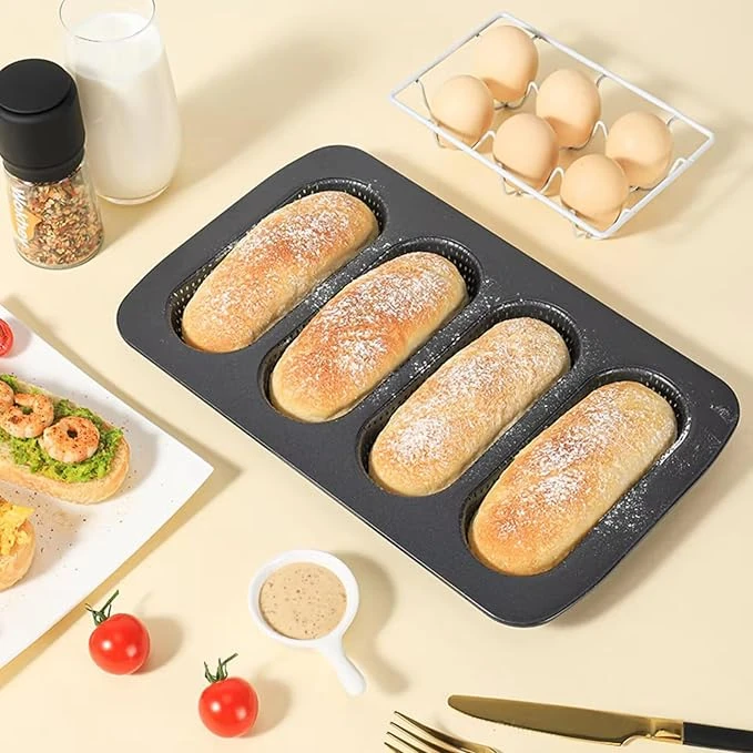 Hot Dog Shaped 4 Slots Teflon Coated Perforated Muffin Mould (Slot Size: 16.5x6x2.5cm) — view 4