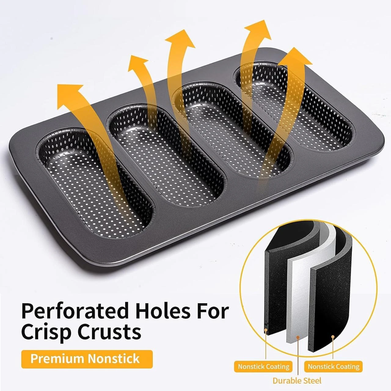 Hot Dog Shaped 4 Slots Teflon Coated Perforated Muffin Mould (Slot Size: 16.5x6x2.5cm) — view 5