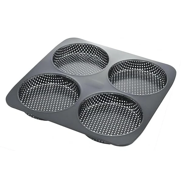 Pancake Shaped 4 Slots Teflon Coated Perforated Muffin Mould (Slot Size: 12x2.5cm)