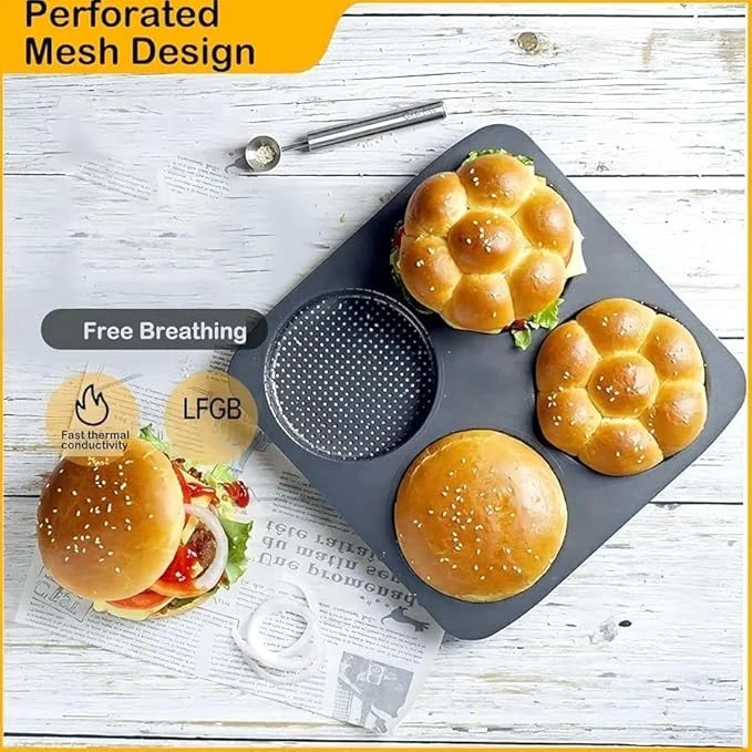 Pancake Shaped 4 Slots Teflon Coated Perforated Muffin Mould (Slot Size: 12x2.5cm) — view 5