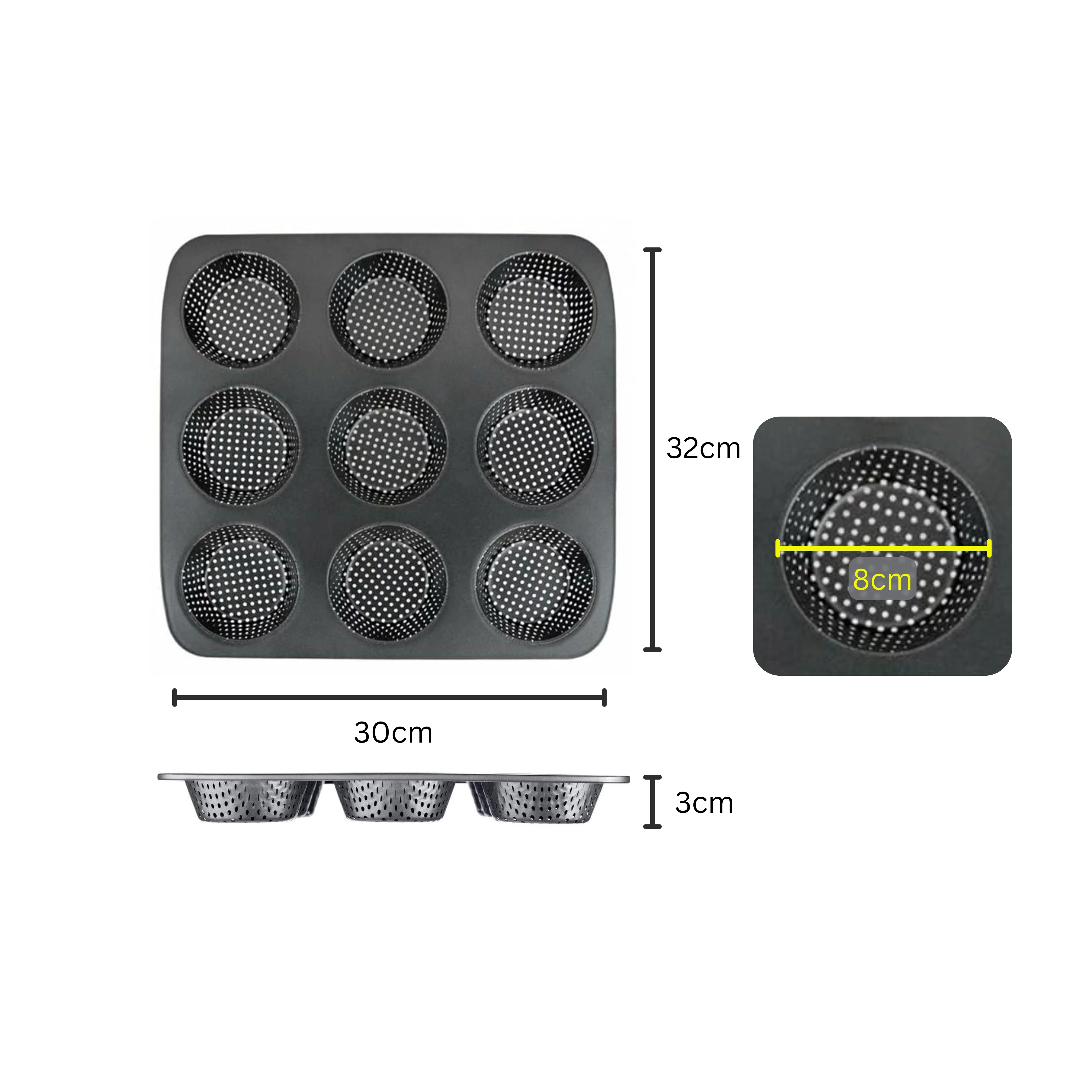 Round 9 Big Slots Teflon Coated Perforated Muffin Mould (Slot Size: 8x3cm) — view 2