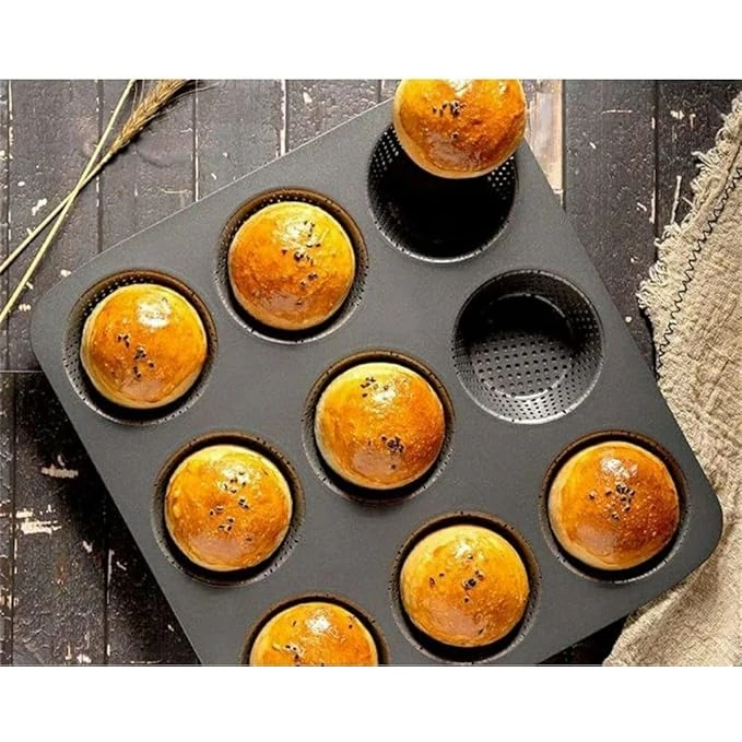 Round 9 Big Slots Teflon Coated Perforated Muffin Mould (Slot Size: 8x3cm) — view 6
