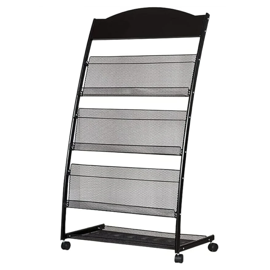 MS Black Magazine/News Paper Stand 3 Levels with Back Support & Rotating Wheels