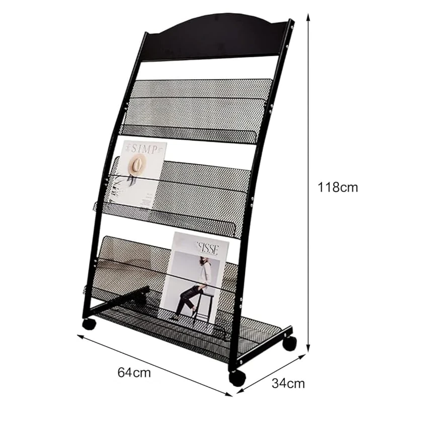 MS Black Magazine/News Paper Stand 3 Levels with Back Support & Rotating Wheels — view 2