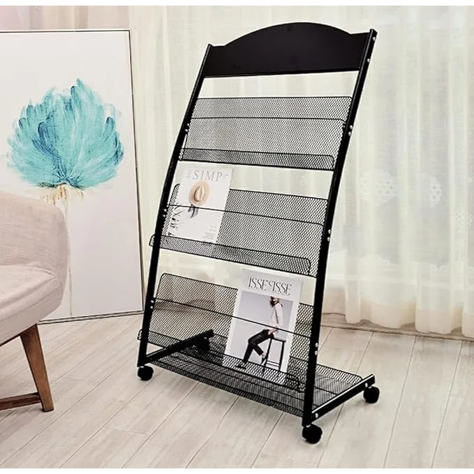 MS Black Magazine/News Paper Stand 3 Levels with Back Support & Rotating Wheels — view 3