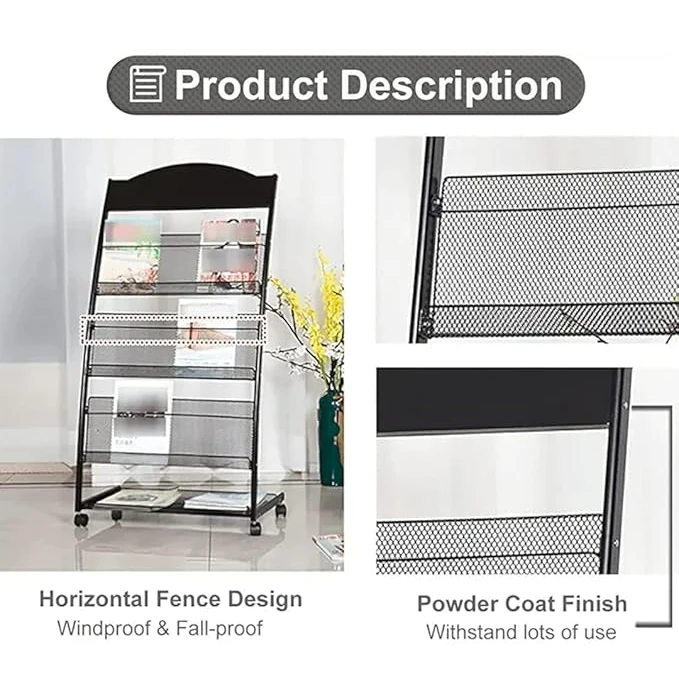 MS Black Magazine/News Paper Stand 3 Levels with Back Support & Rotating Wheels — view 4