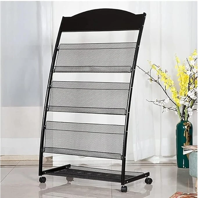 MS Black Magazine/News Paper Stand 3 Levels with Back Support & Rotating Wheels — view 7